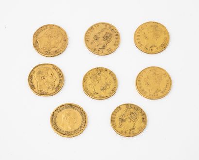 null Lot de 8 pièces en or : 

- BELGIQUE

* 2 de 20 francs or, Léopold II, 1867...