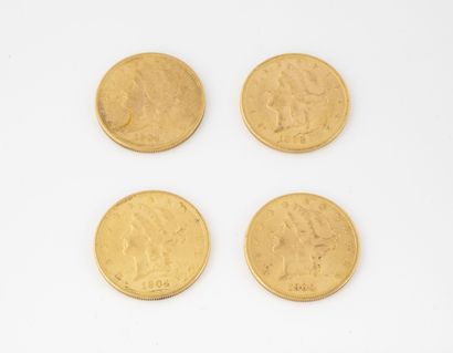 ETATS-UNIS Lot of four 20 dollars gold coins, 1898, 1900 and (2x) 1904.

Total weight...