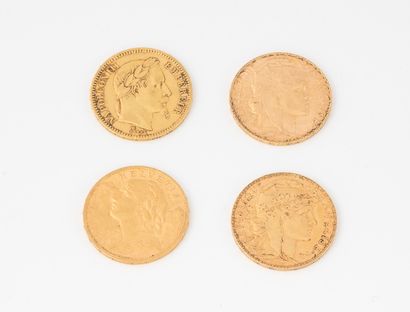 FRANCE et SUISSE Lot of four coins including :

- three 20 franc gold coins, French,...