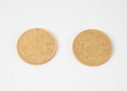 SUISSE Lot of two 20 francs gold coins, 1947 B.

Total weight : 12.8 g. 

Slight...
