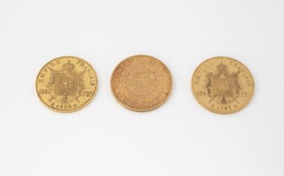 France Lot de trois pièces de 100 francs or, Paris, 1858, 1865 et 1903.

Poids total...