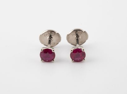 null Pair of earrings in white gold (750) decorated with a round faceted ruby in...