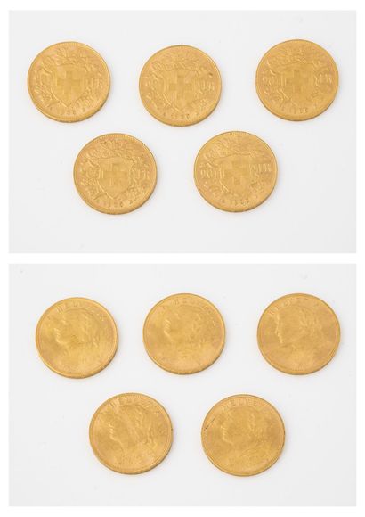 SUISSE Lot of five 20 francs gold coins, 5 x 1935, B. 

Total weight : 32.6 g. 

Some...