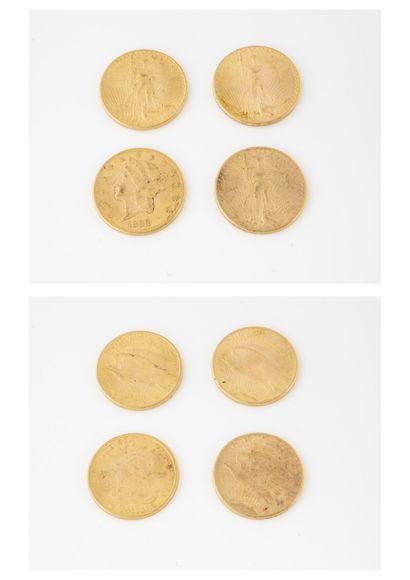 ETATS-UNIS Lot de quatre pièces de 20 dollars or, 1898, 1910, 1924, 1928.

Poids...