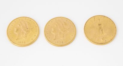 ETATS-UNIS Lot de trois pièces de 20 dollars or, 1898, 1906, 1908.

Poids total :...