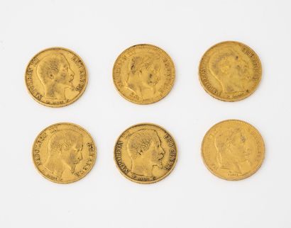 France Lot of 6 pieces of 20 francs gold, Paris 1853,1854, 1859, 1860, 1869, Strastbourg,1864.

Total...