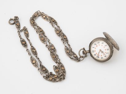  Silver collar watch (800). 
Back cover, figured with two-tone decoration of a landscape...