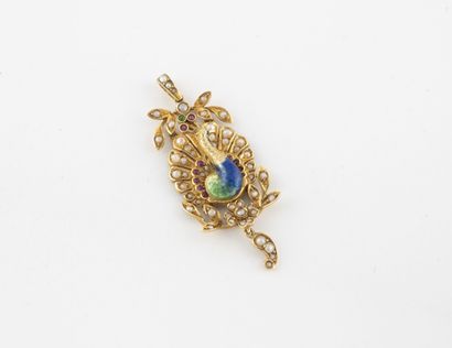 Yellow gold (585) peacock pendant, blue and...