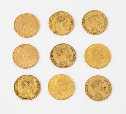 France Lot de 9 pièces de 20 francs or, Paris, 1855, 1858, 1859, 1860, 1867, 1897...