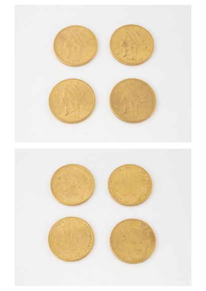 ETATS-UNIS Lot de quatre pièces de 20 dollars or, 1904 (x 4).

Poids total : 133.6...