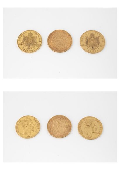 France Lot of three 100 francs gold coins, Paris, 1858, 1865 and 1903.

Total weight...