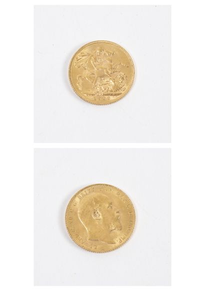 ROYAUME UNI A gold coin of a sovereign. 

Edward VII, 1909.

Weight : 7,9 g.

Some...