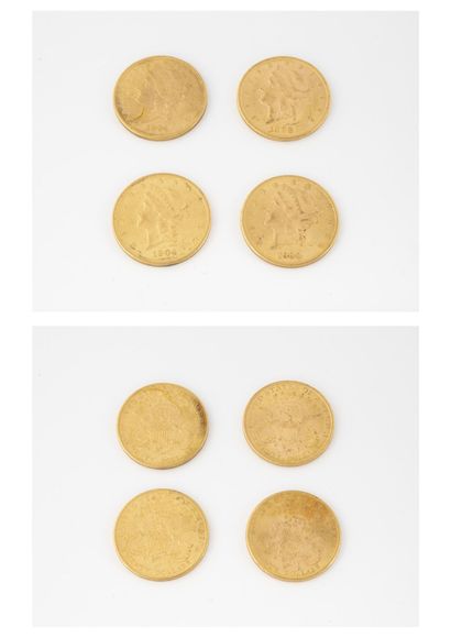 ETATS-UNIS Lot de quatre pièces de 20 dollars or, 1898, 1900 et (2x) 1904.

Poids...