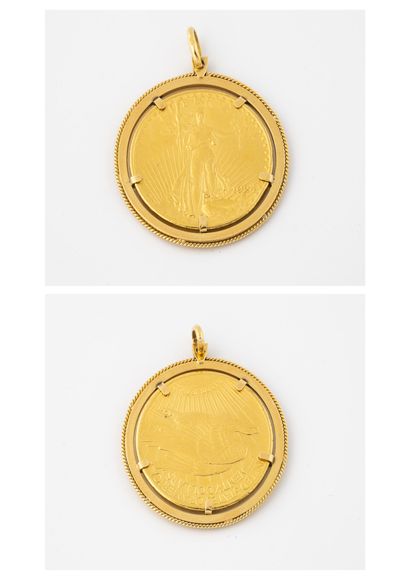 null Yellow gold pendant (750) holding in pinched setting a 20 dollars gold coin...