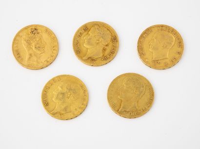 FRANCE ET ITALIE Lot of 5 gold coins : 

- 1 of 40 francs Charles X, 1830, Paris.

-...