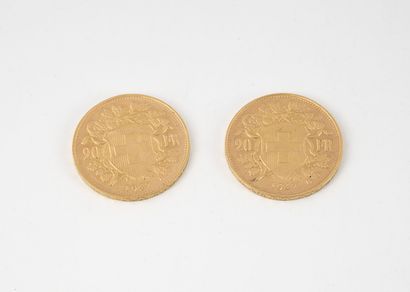 SUISSE Lot de deux pièces de 20 francs or, 1947 B.

Poids total : 12.8 g. 

Légères...