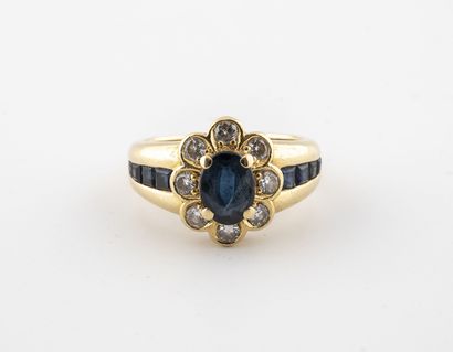 null Yellow gold (750) daisy ring centered on an oval faceted sapphire in a claw...