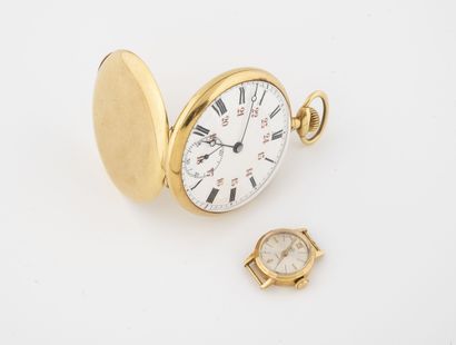 null - A yellow gold (750) pocket watch.

Plain back cover.

White enamel dial, indexes...