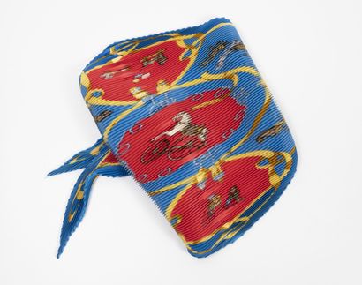 HERMES Paris Pleated square in blue and red printed silk twill, titled "Les Jouets...
