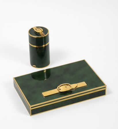 HERMES Paris Cylindrical table lighter and cigarette box of rectangular shape in...