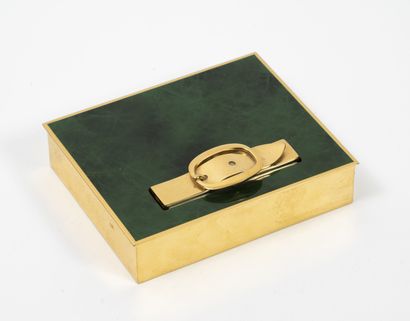 HERMES Paris Rectangular note dispenser box in gilded metal and green lacquer.

Lid...