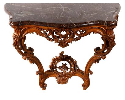 null Wall console, in stained beech, stripped, carved, with openwork belt of a heart,...