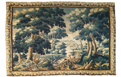 AUBUSSON Tapestry in polychrome wool decorated with hilly landscape, trees, animated...