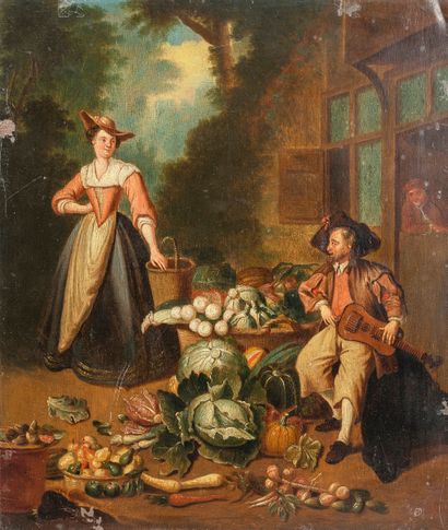 Attribué à Joseph van AKEN (Anvers 1709-Londres 1749) La marchande de légumes. Huile...