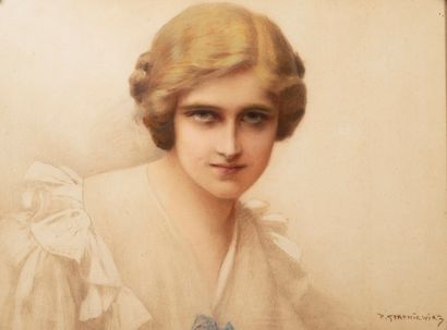Piotr STACHIEWICZ (1858-1938) Portrait de jeune femme blonde.
Pastel.
Signé en bas...