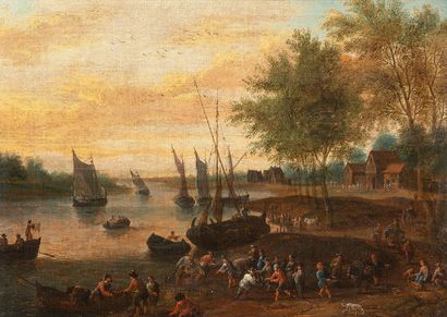 Attribuée à Matthys SCHOEVAERTS (Bruxelles 1660 -id. 1702) Scène animée de port fluvial....