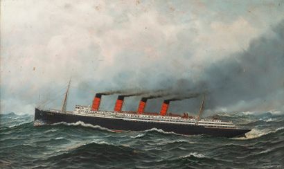 Antonio JACOBSEN (1850-1921) Le Lusitania, 1908
Huile sur carton.
Signée et datée...