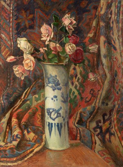 Georges Daniel DE MONFREID (1856-1929) Bouquet de roses sur fond de tapis, 1923.
Huile...