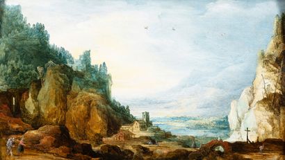 Joos de MOMPER (Anvers 1564-1635) 
Paysage montagneux avec villageois en chemin.



Huile...