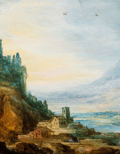Joos de MOMPER (Anvers 1564-1635) 
Paysage montagneux avec villageois en chemin.



Huile...