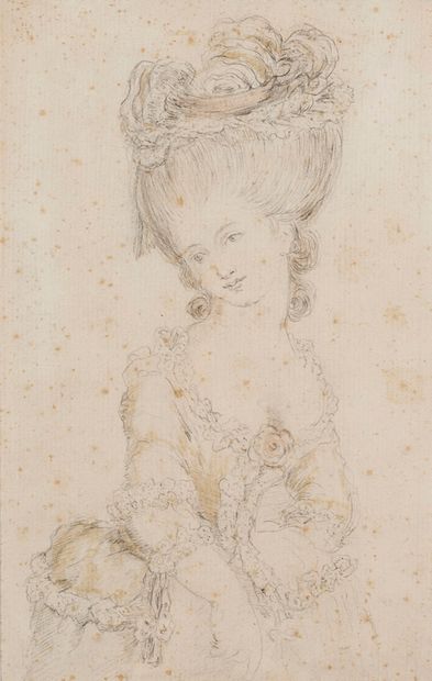 Augustin de SAINT AUBIN (Paris 1736 - 1807) 
1 - Portrait de femme à mi-corps, légèrement...