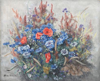 Toshio BANDO (1895-1973) Bouquet of poppies, cornflowers and field flowers.
Oil on...