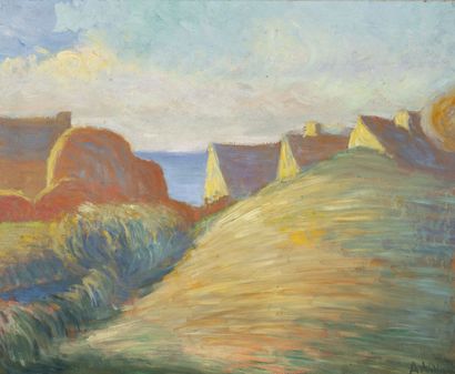 Abel Villard (1871-1969) Bord de mer animé de maisons de Bretagne.

Petite huile...