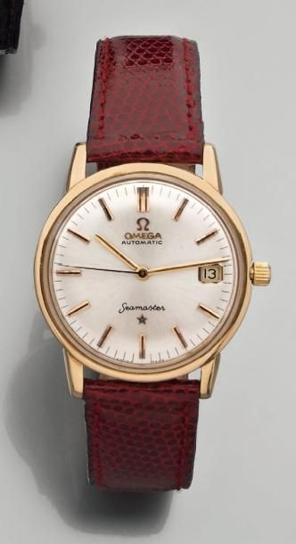 OMEGA "SEAMASTER" Montre bracelet d'homme en or, cadran argenté avec index bâtons...