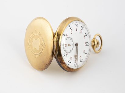 null Yellow gold pocket watch (750).

White enamelled dial with painted Arabic numerals,...