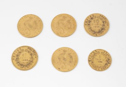 France Lot of five 10 francs gold coins, 1860, 1866, 1905, 1906, 1908 and one 5 francs...