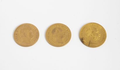 AUTRICHE ou YOUGOSLAVIE Lot of three gold coins, including:

- A 4 guilder coin,...