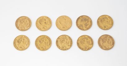 France Lot of ten 20 francs gold coins, Napoleon III, 1857, 1858, 1859, 1860, 1862,...