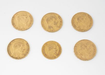 France Lot including:

- Five 20 franc gold Napoleon III coins, laureate or bareheaded,...