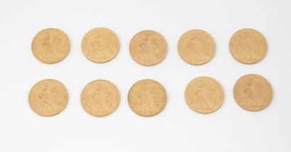 France Lot of ten 20 francs gold coins, republic, 1906, 1910 x 3, 1913 x 6.

Total...