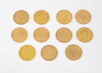 France Eleven coins of 20 francs gold, 1852, 1859, 1863, 1869, 1907 x 3, 1910, 1913...