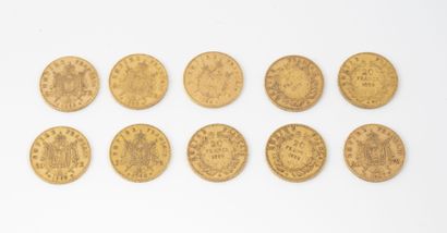 France Lot de dix pièces de 20 francs or, Napoléon III, 1857, 1858, 1859, 1860, 1862,...