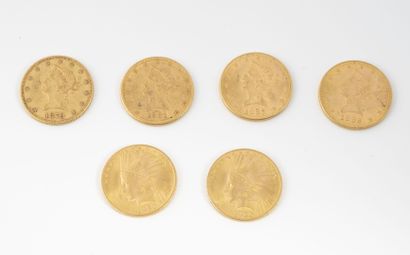 ETATS-UNIS Lot de six pièces de 10 dollars or, 1879, 1881, 1882, 1897, 1932 x 2.

Poids...