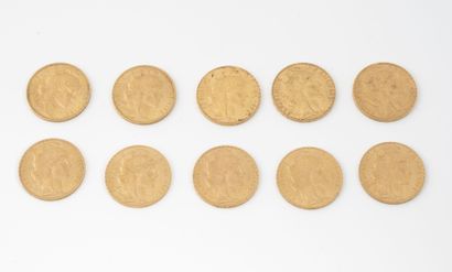 France Lot of ten 20 francs gold coins, IIIrd Republic, 1900, 1906, 1910 x 4, 1913...