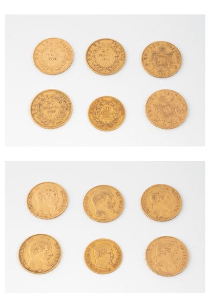 France Lot including:

- Five 20 franc gold Napoleon III coins, laureate or bareheaded,...