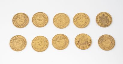 France Lot of ten 20 francs gold coins, Napoleon III, Paris, 1854, 1855, 1857, 1858,...